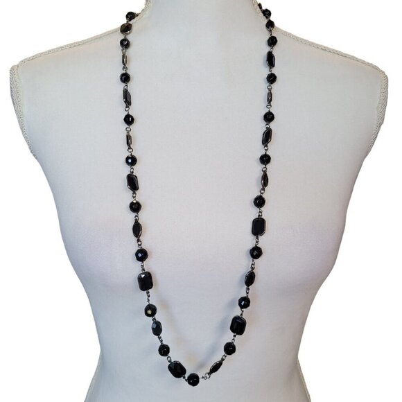 LC Lauren Conrad Jewelry - Lauren Conrad 36" Black Faceted Glass Station Necklace Dark Silver Tone VGC